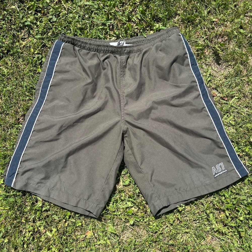 Vtg Aeropostale A87 Swim Trunks Mens Large Green Blue Side Stripe Swimwear Y2K